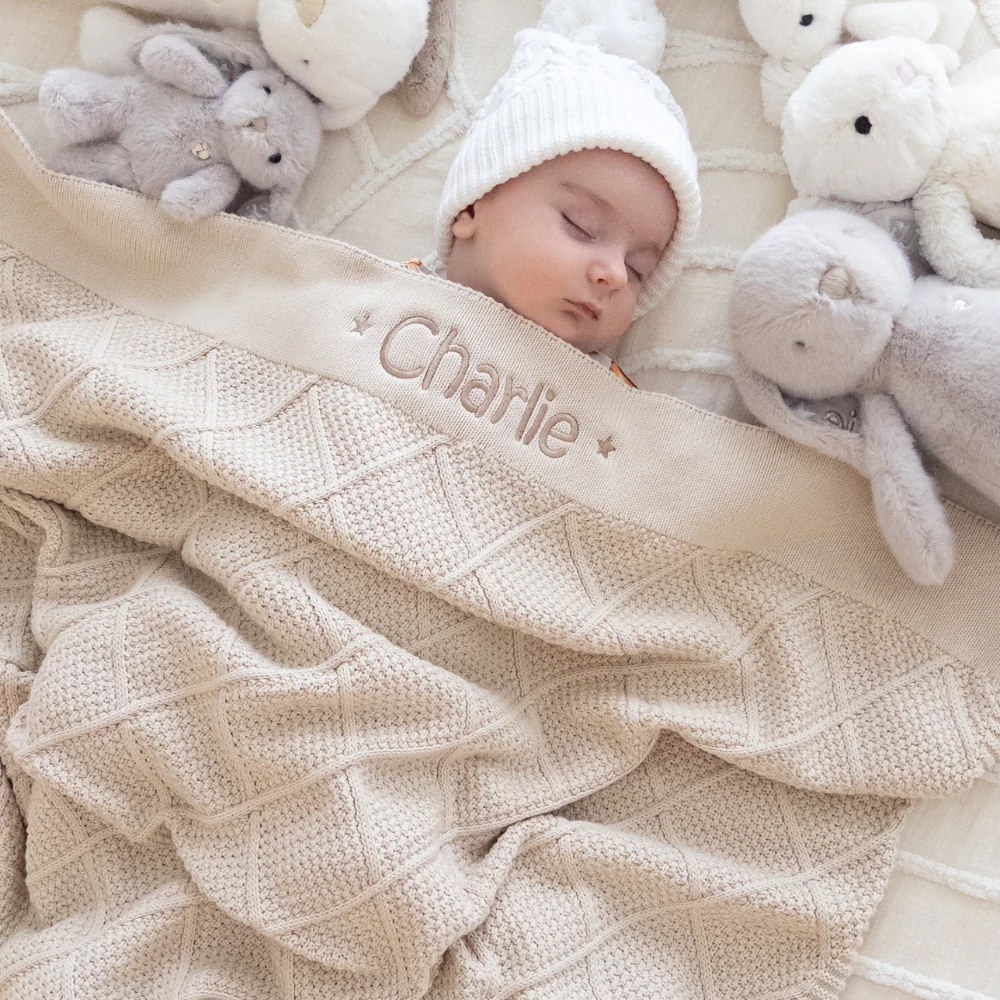 Personalised Diamond Knit Baby Blanket - Oatmeal - Image 3