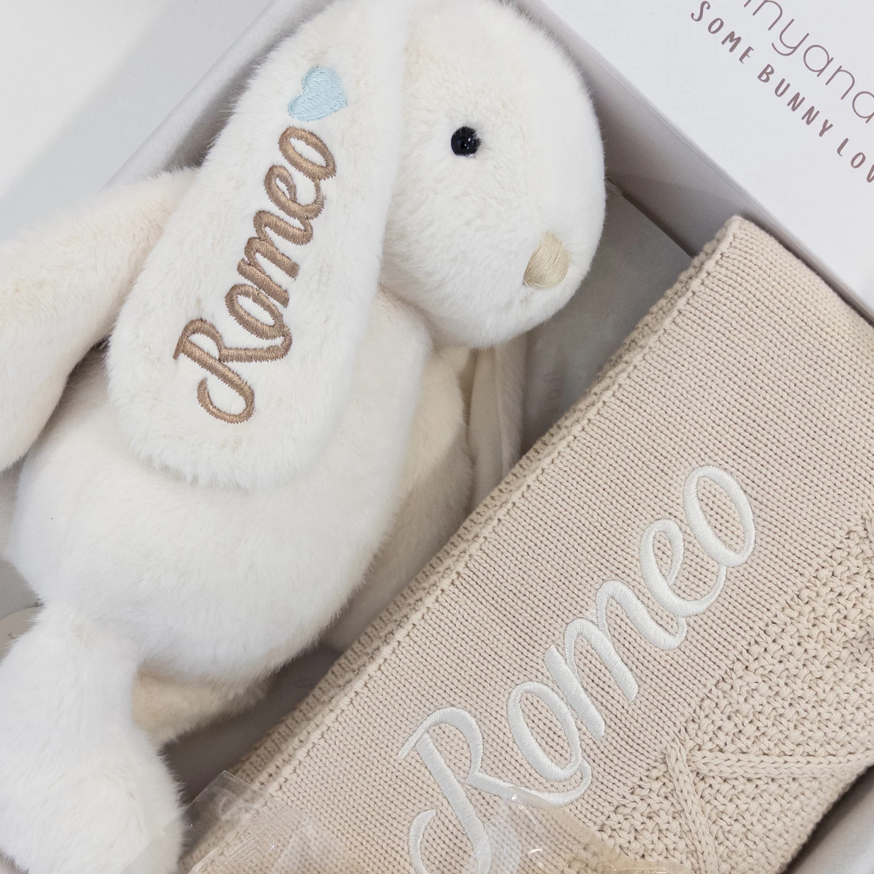 Personalised Marshmallow Bunny & Oatmeal Diamond Knit Blanket Baby Hamper - Image 8